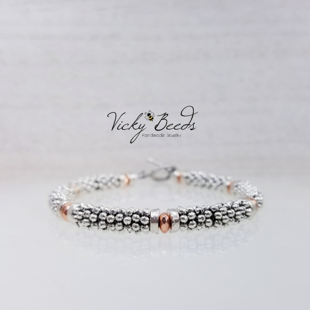Ladies Beaded Rose Gold Two Tone Toggle Bracelet